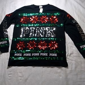 VICTORIA'S SECRET PINK HOLIDAY LONGSLEEVE TEE,SIZE MEDIUM,BLACK